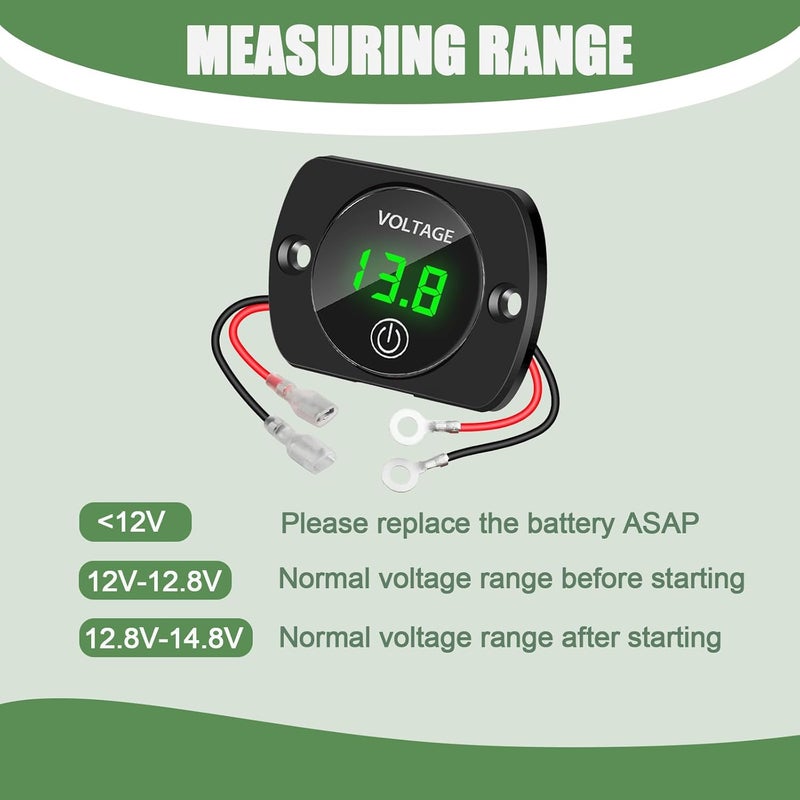 Sumklin 2PCS Green Light Battery Voltage Gauge DC 12V 24V Digital Display Voltage Meter Waterproof Voltmeter with Touch Switch for Boat Marine ATV Car Motorcycle Truck Boat RV - Image 5